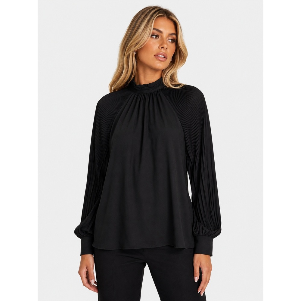 Zara Black Pleated Mock Neck Long Classic Sleeve Blouse Size S